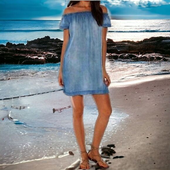 Cloth & Stone Chambray Dress Shift Mini Off Shoulder Light Wash XS Tencel Tunic - Picture 13 of 16
